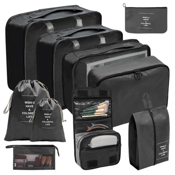 organisateurs de valise set de 10 pochettes noir